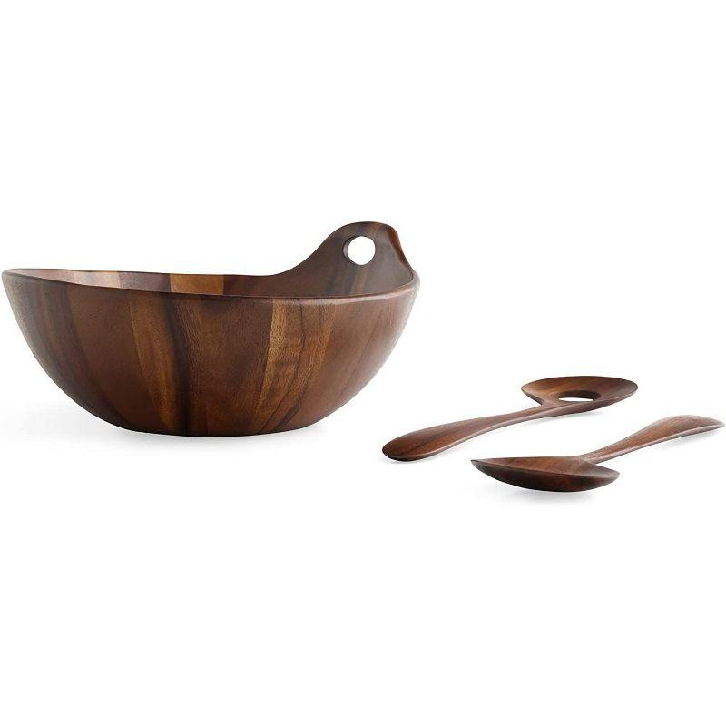 Nambe Portables Wood Salad Bowl with Servers, 3-Piece Set, Acacia Wood Large Salad Bowl, Mixing Bowl with Wooden Serving Spoons,11 Inch