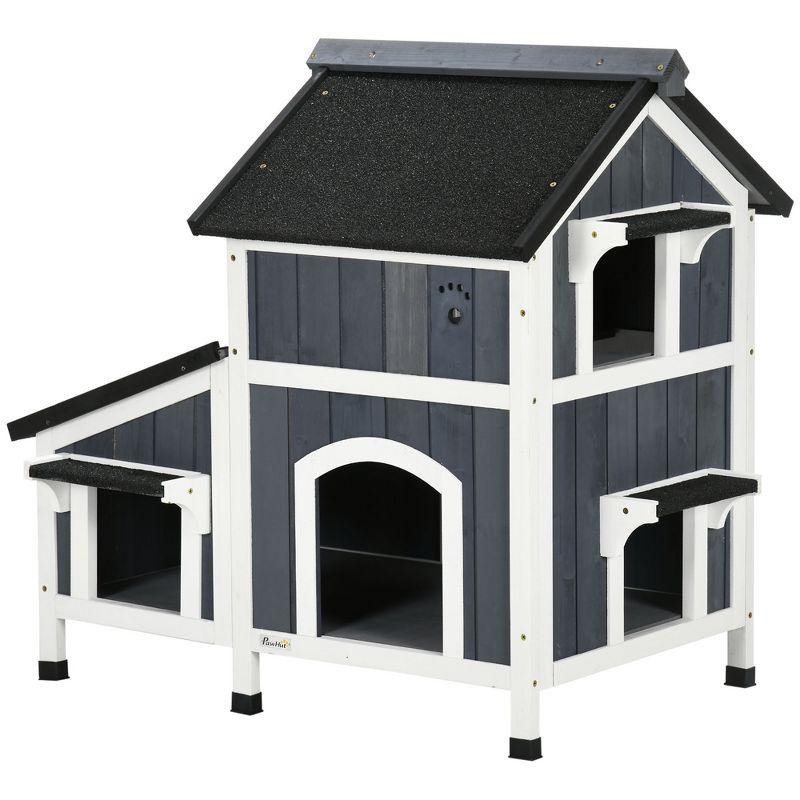 Gray Wooden Outdoor Cat House with Weather-resistant Roof