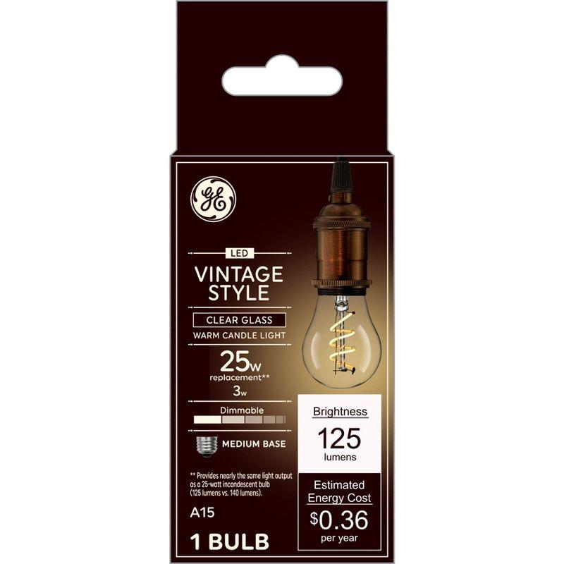 GE 25W Vintage Style A15 LED Ceiling Fan Light Bulb Clear Glass: 3W Dimmable, Standard E26 Base, 2200K, 125 Lumens