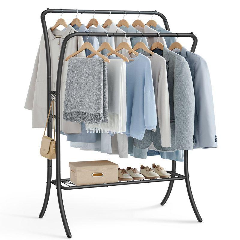 SONGMICS Clothes Rack Clothing Rack with Shelves Double Rod Clothes Rack with 6 Hooks Clothes Storage and Display for Living Room Bedroom Ink Black