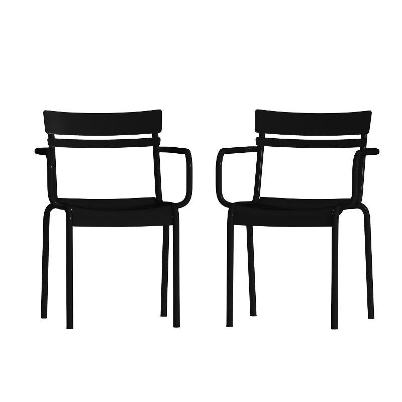 Emma and Oliver Set of 2 Powder Coated Steel Stacking Dining Chairs with Arms and 2 Slat Backs for Indoor-Outdoor Use in Black
