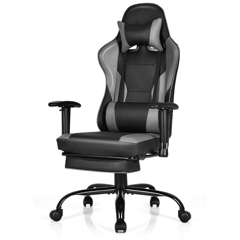 Black and Gray PVC Leather Racing Gaming Chair with Footrest