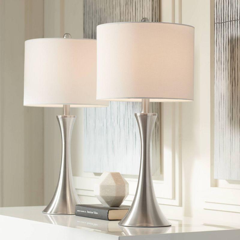 Brushed Nickel 24" Table Lamps with White Drum Shades, Set of 2