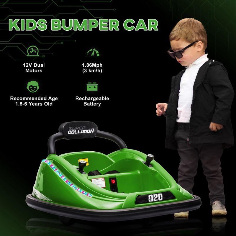 Aosom 12V Kids Bumper Car, 360° Rotation Electric Ride On Car, Twins Motor w/ Parent Remote Control, Safety Belt, LED Lights, Green
