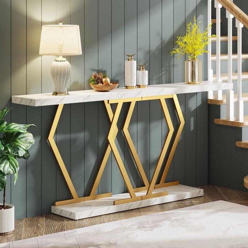 Tribesigns 70.9 Inch Extra Long Sofa Table, Modern Console Table with Faux Marble Tabletop, Long Entryway Table for Entrance, Gold and White