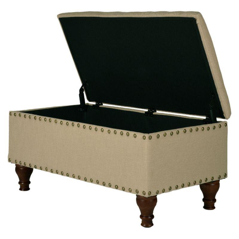 Elegant Tan Upholstered Storage Bench with Nailhead Trim and Wood Legs