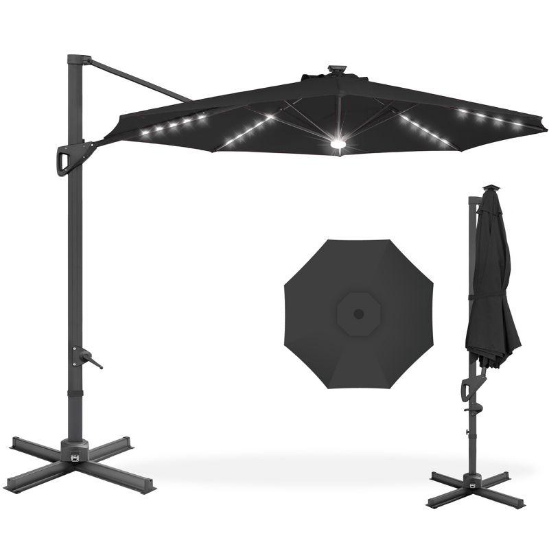 10ft Black Steel and Aluminum LED Cantilever Patio Umbrella