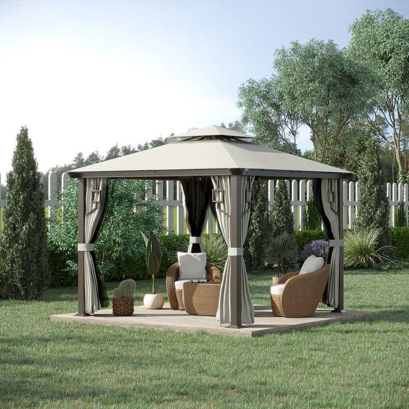 Cream White 10' x 10' Aluminum Frame Patio Gazebo with Netting and Curtains