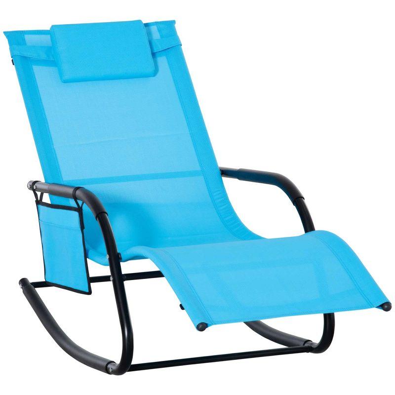 Outsunny Outdoor Rocking Chair, Patio Sling Sun Lounger, Pocket, Recliner Rocker, Lounge Chair with Detachable Pillow for Deck, Garden or Pool, Blue