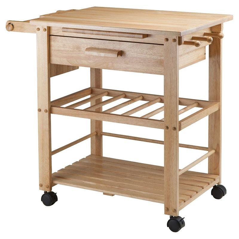 Transitional Brown Wood Kitchen Cart with Wine Storage and Knife Block