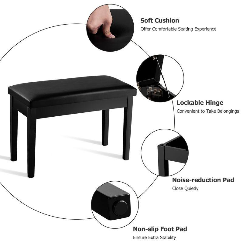 Tangkula PU Leather Piano Bench Solid Wood Padded Double Duet Keyboard Seat w/ Storage Box Black