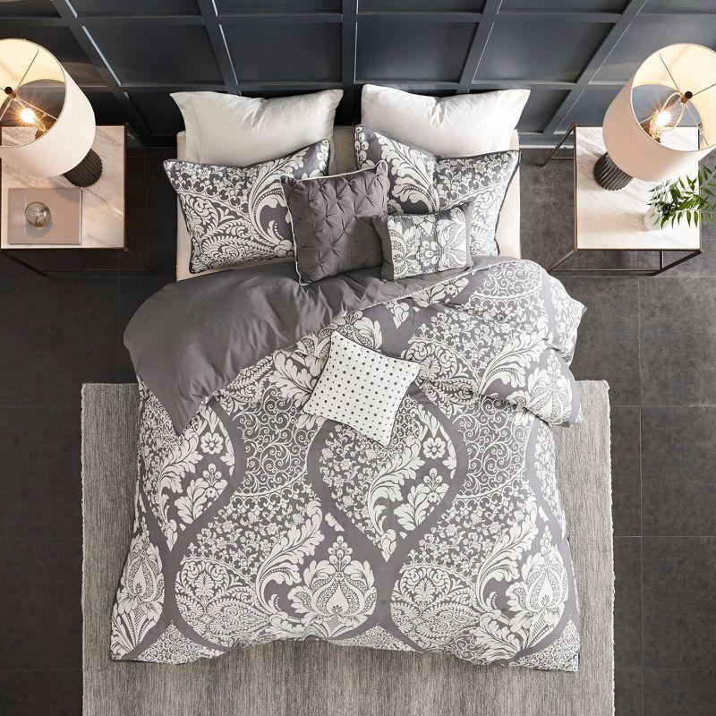 Madison Park 6pc Full/Queen Adela Printed Duvet Cover Bedding Set Slate: Cotton Damask, Embroidered, OEKO-TEX Certified