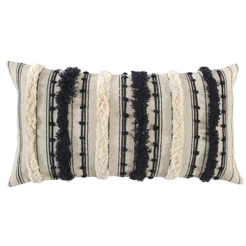 14"x26" Oversized Poly-Filled Striped Lumbar Throw Pillow Black/Ivory - Rizzy Home: Nautical Canvas, Zipper Closure