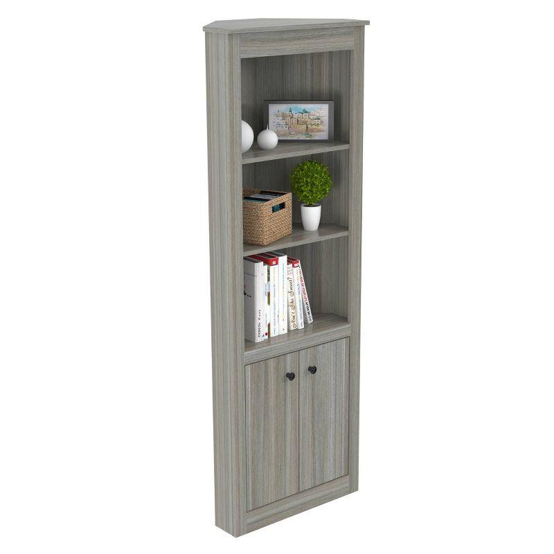 70.02" Corner Bookshelf Gray - Inval: Modern Smoke Oak, 3 Shelves, Double Door Storage