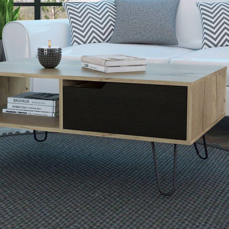 Curved Steel Hairpin & Light Wood Coffee Table with Storage