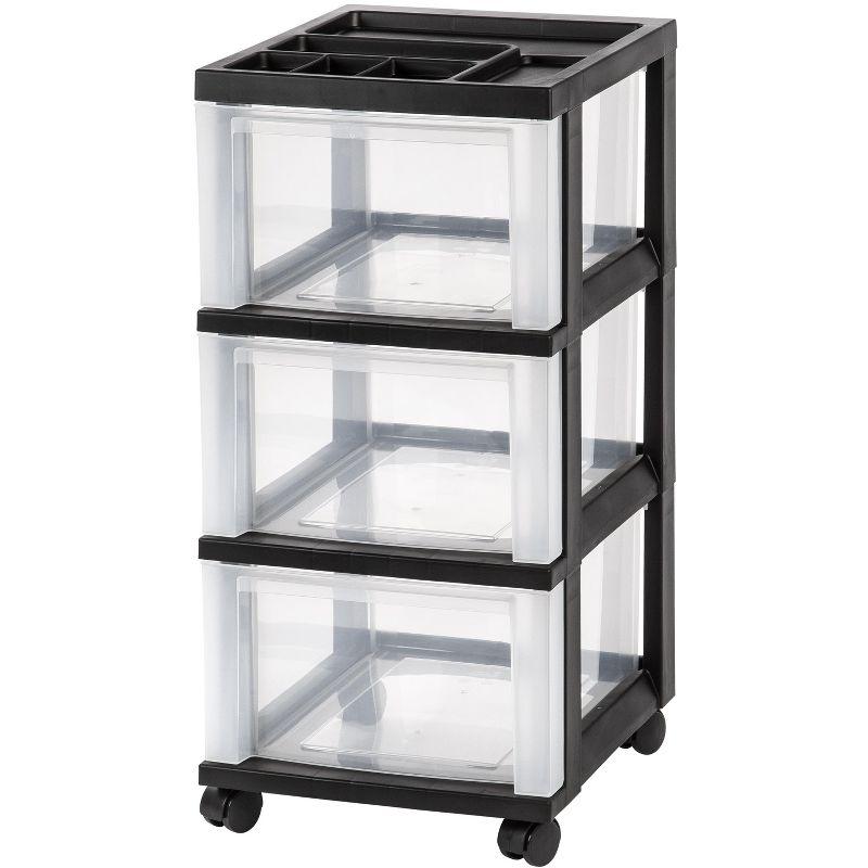 Black Plastic 3-Drawer Rolling Storage Cart with Organizer Top