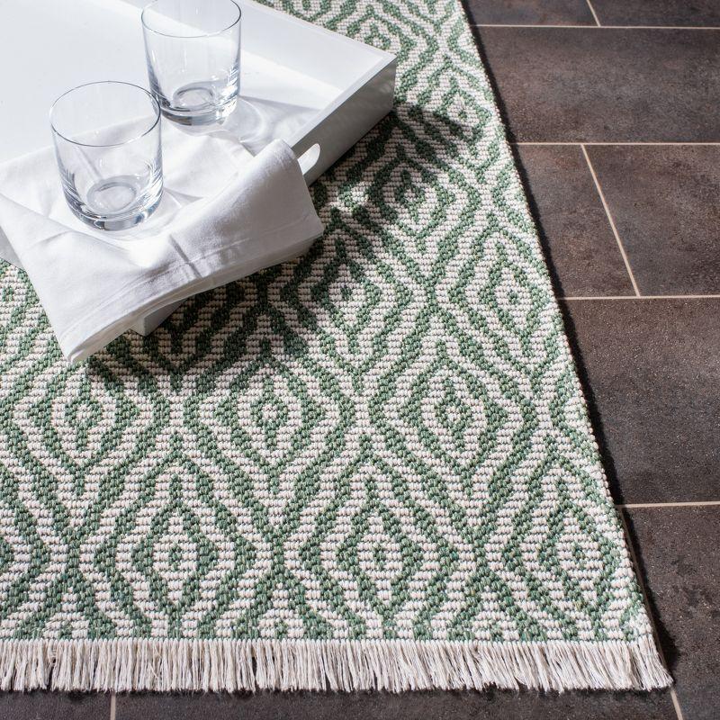 Green and Ivory Geometric Flatweave Cotton Blend Rug