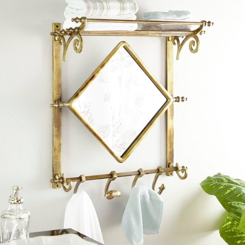 25" x 28" Bathroom Wall Rack with Hooks and Mirror Brass - Olivia & May