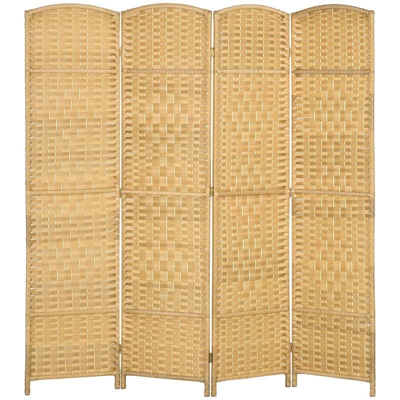 HOMCOM 4 Panel Room Divider, 6' Tall Folding Privacy Screen, Hand-Woven Freestanding Wood Partition for Home Office, Bedroom, Nature Wood