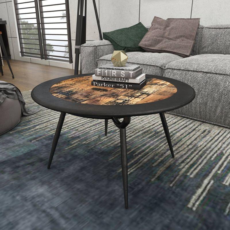 30" Gray Round Wood and Metal Coffee Table