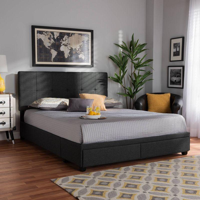 King Netti Fabric Upholstered 2 Drawer Platform Storage Bed - Baxton Studio: Linen-Like Texture, Modern Design