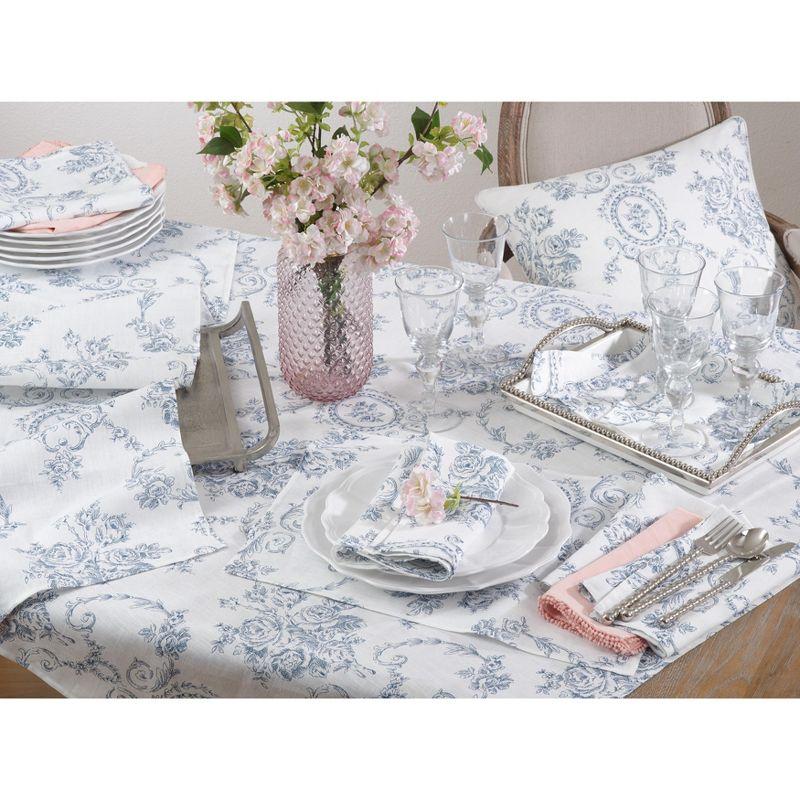 Indigo Floral Linen Table Runner with Toile Design