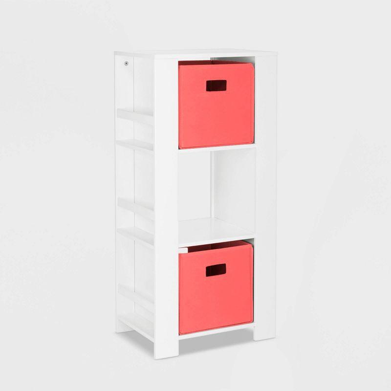 RiverRidge Home RiverRidge Book Nook Kids Bookshelf and Toy Organizer Tower with 3 Cubbies and 6 Bookracks for Playroom, Nursery, and Reading Nook - White with 2 Fabric Bins