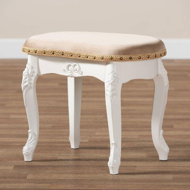 Gabrielle Velvet Fabric Upholstered Wood Vanity Ottoman Sand/White/Gold - Baxton Studio: French-Inspired, Brass Nailhead Detail, Cabriole Legs