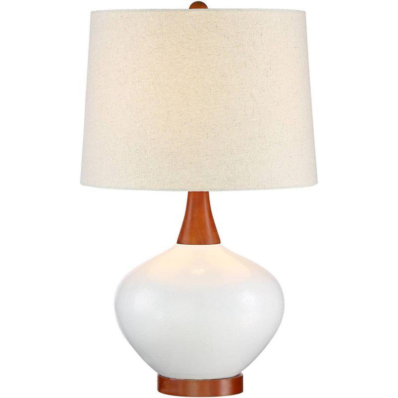 Ivory Ceramic and Wood Mid-Century Table Lamp with Drum Shade