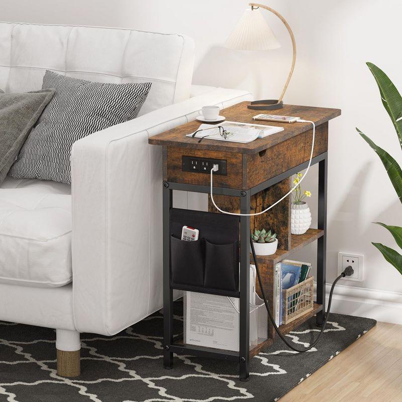 End Table with Charging Station, Narrow Side Table Nightstand with Outlets USB Ports and Storage