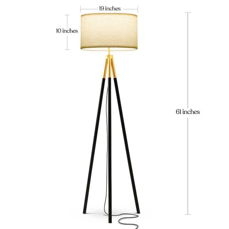 Brightech Levi 61" Mid-Century Modern LED Tripod Floor Lamp with Black Legs, Gold Finish, and Fabric Drum Shade, Bulb Included