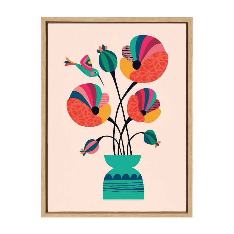 Mid-Century Modern Multicolor Floral Canvas Print with Natural Frame