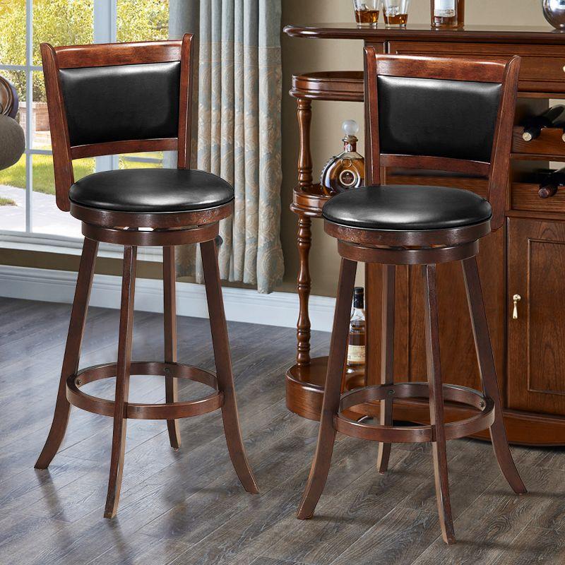 Costway Set of 2 29'' Swivel Bar Height Stool Wood Dining Chair Upholstered Seat Panel Back Espresso