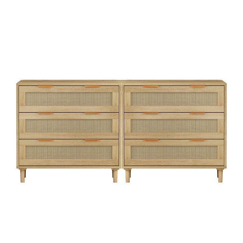 3-Drawers Rattan Storage Cabinet Rattan Drawer (Set of 2),for Bedroom,Living Room,Dining Room,Hallways,Oak
