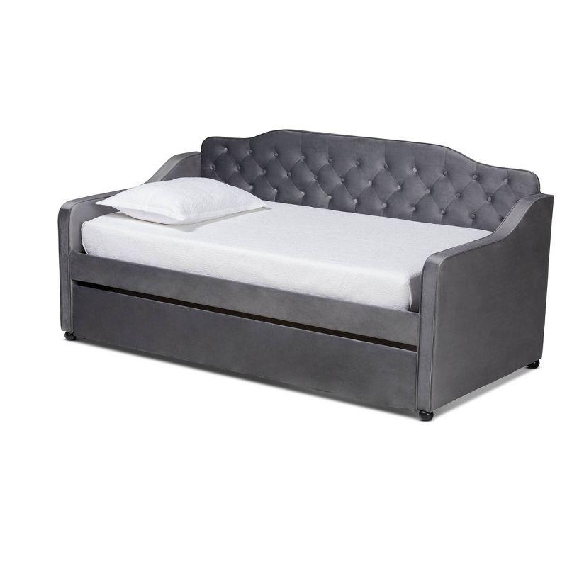 Twin Freda Velvet Fabric Upholstered Button Tufted Daybed with Trundle Gray - Baxton Studio: Mid-Century Modern, No Box Spring Required