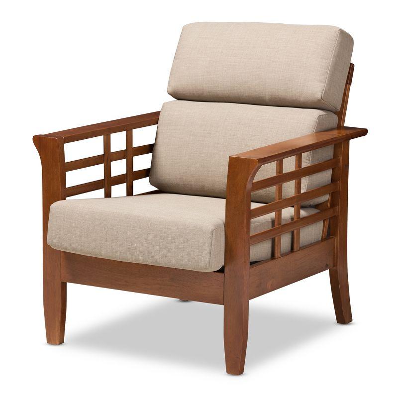 Beige Barrel Accent Chair with Cherry Wood Frame