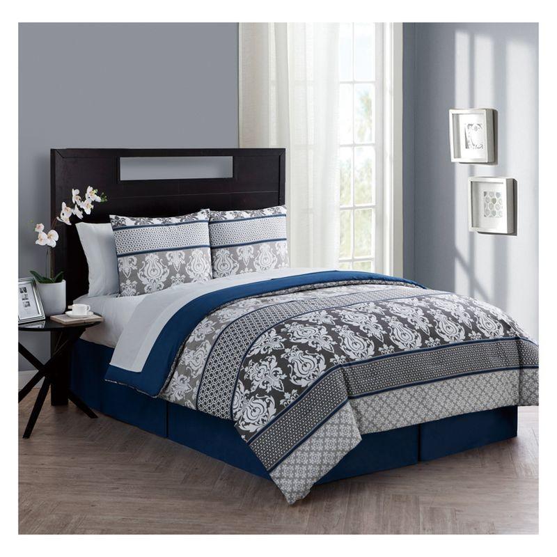 Full Blue Damask Microfiber Bed in a Bag Set