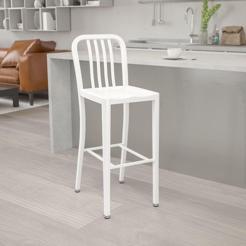 Sleek White Metal Indoor-Outdoor Barstool with Vertical Slat Back