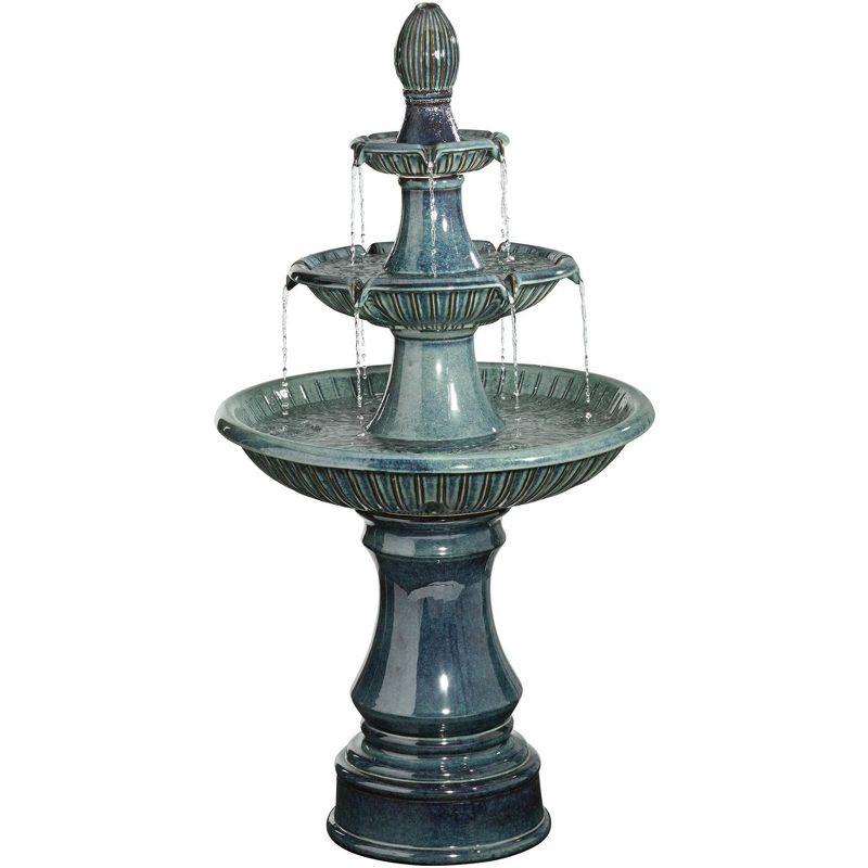 Teal Blue Ceramic 3-Tier Outdoor Floor Water Fountain with LED Light