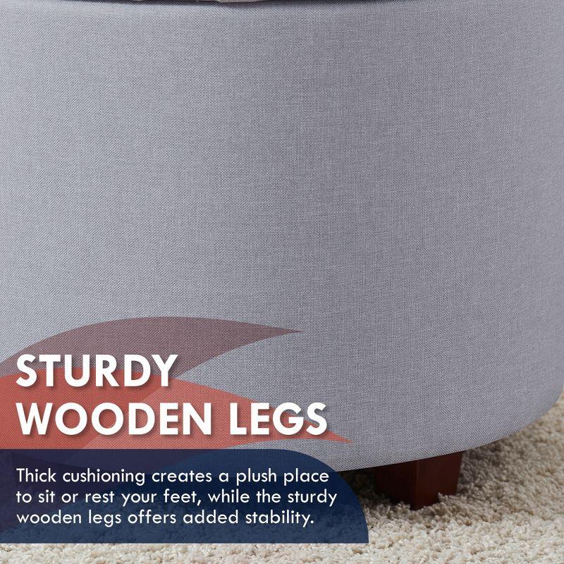 Ornavo Home Linen Upholstered Round Tufted Storage Ottoman with Wooden Legs - Gray