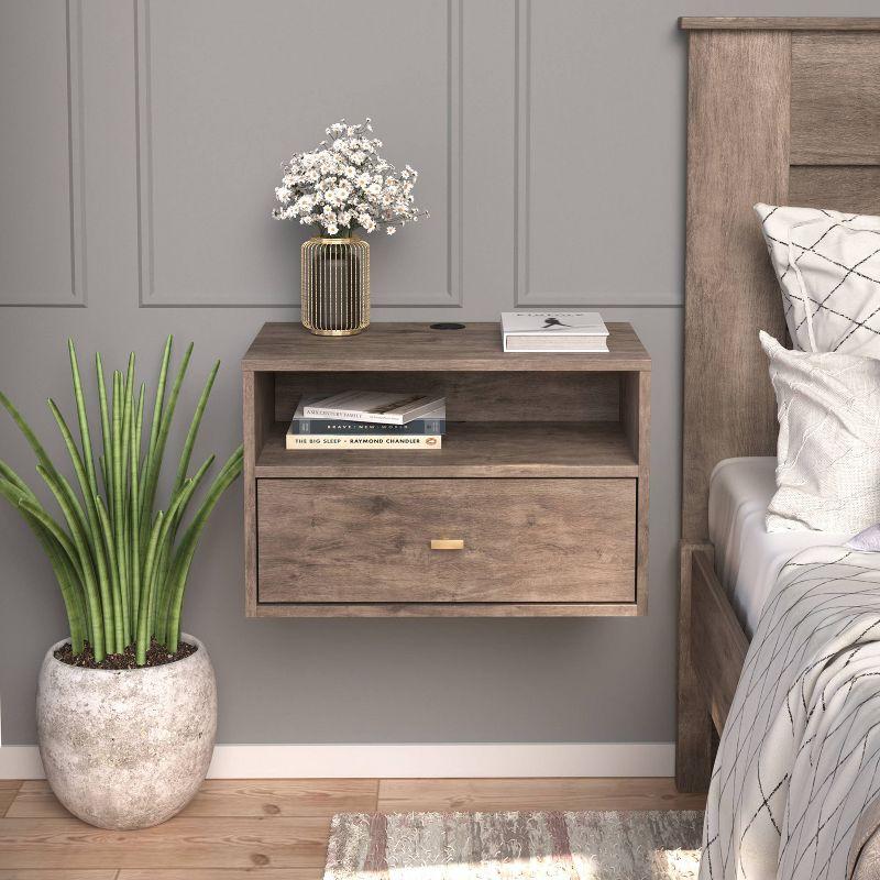 Drifted Gray Floating Nightstand with Drawer and Shelf, Set of 2