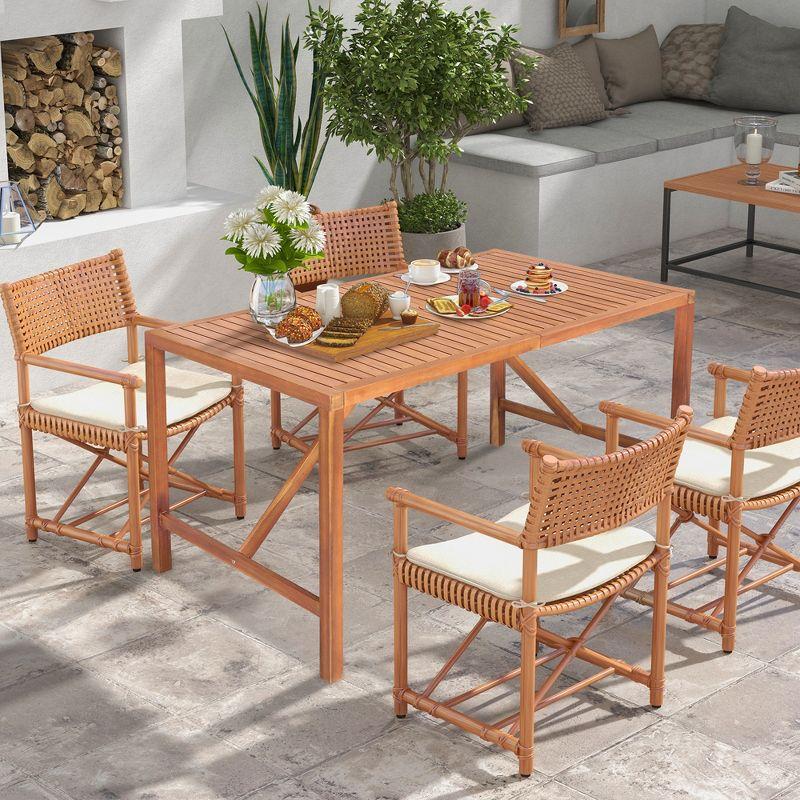 Tangkula Rectangular Acacia Wood Dining Table 4-6 Person Patio 2" Umbrella Hole Natural