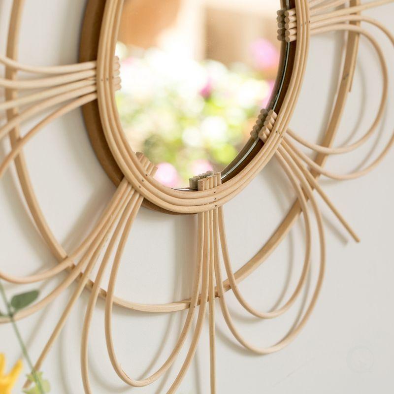 Vintiquewise Decorative Flower Shape Woven Rattan Wood Round Modern Hanging Wall Mirror