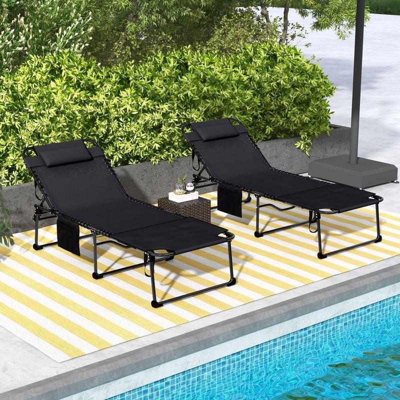 Outsunny 2 Piece Folding Chaise Lounge Pool Chairs with 5-level Reclining Back, Outdoor Sun Tanning Chairs with Reading Hole, Side Pocket, Black