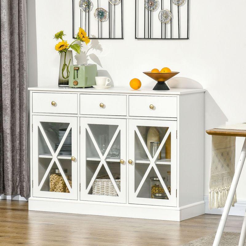 Gracie Oaks 45" Farmhouse Sideboard Buffet Cabinet, Credenza,Coffee Bar Cabinet with Glass Doors and 3 Drawers, White