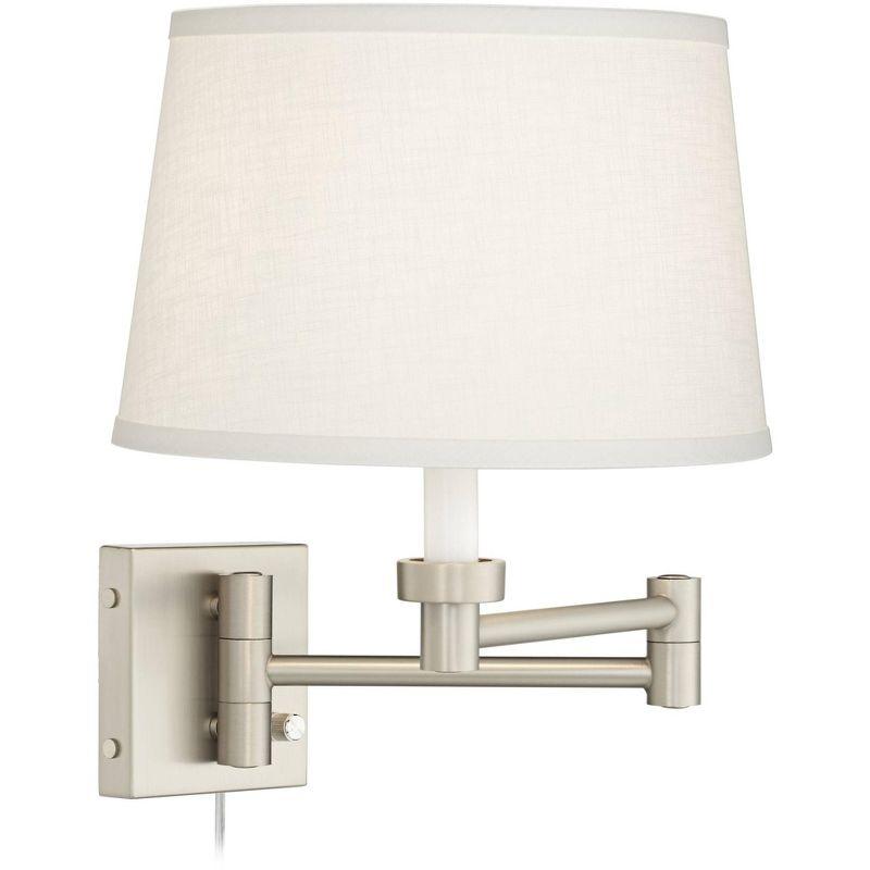 Possini Euro Design Modern Swing Arm Wall Lamps Set of 2 Brushed Nickel Plug-In Light Fixture White Drum Shade for Bedroom Bedside