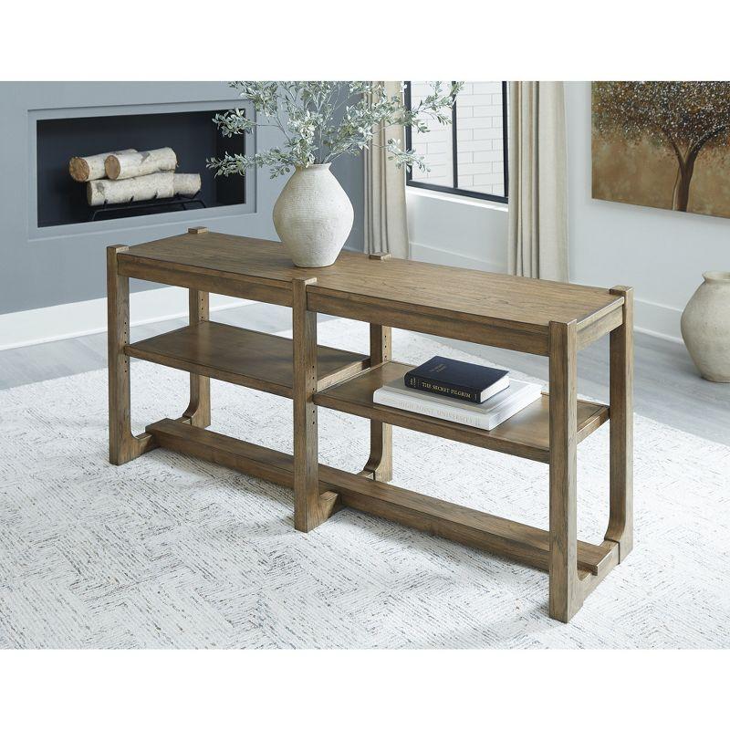 Signature Design by Ashley Cabalynn Farmhouse Sofa Table with 2 Adjustable Shelves, Light Brown