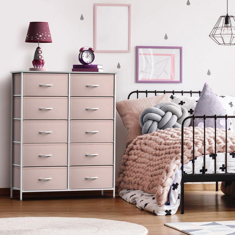 Blush Pink 10-Drawer Fabric Dresser with Faux Wood Top