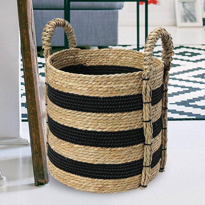 Household Essentials Braided Handle Basket Black/Natural: Large Round Seagrass Decorative Wicker Basket 20.1" Height