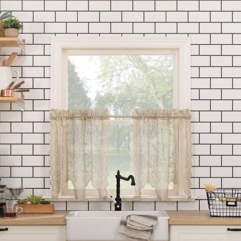 2pc 58"x24" No. 918 Sheer Alison Floral Lace Rod Pocket Kitchen Curtain Tier Pair Beige: Kitchen Window Curtains